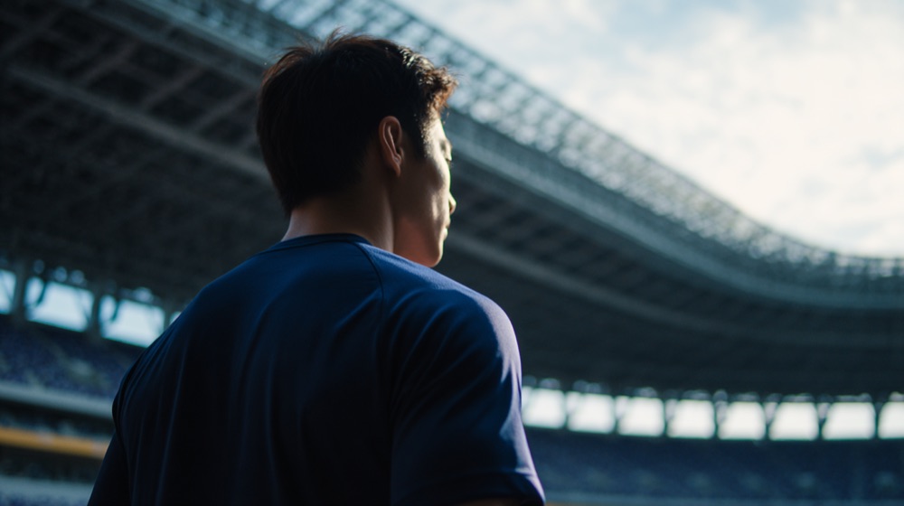 ナイター照明のテニスコートに座る選手